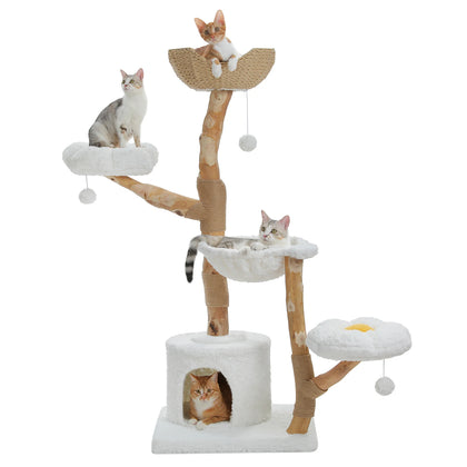 Arbre à chat en branches de bois naturel avec paniers blancs, panier tressé et quatre chats installés sur fond blanc