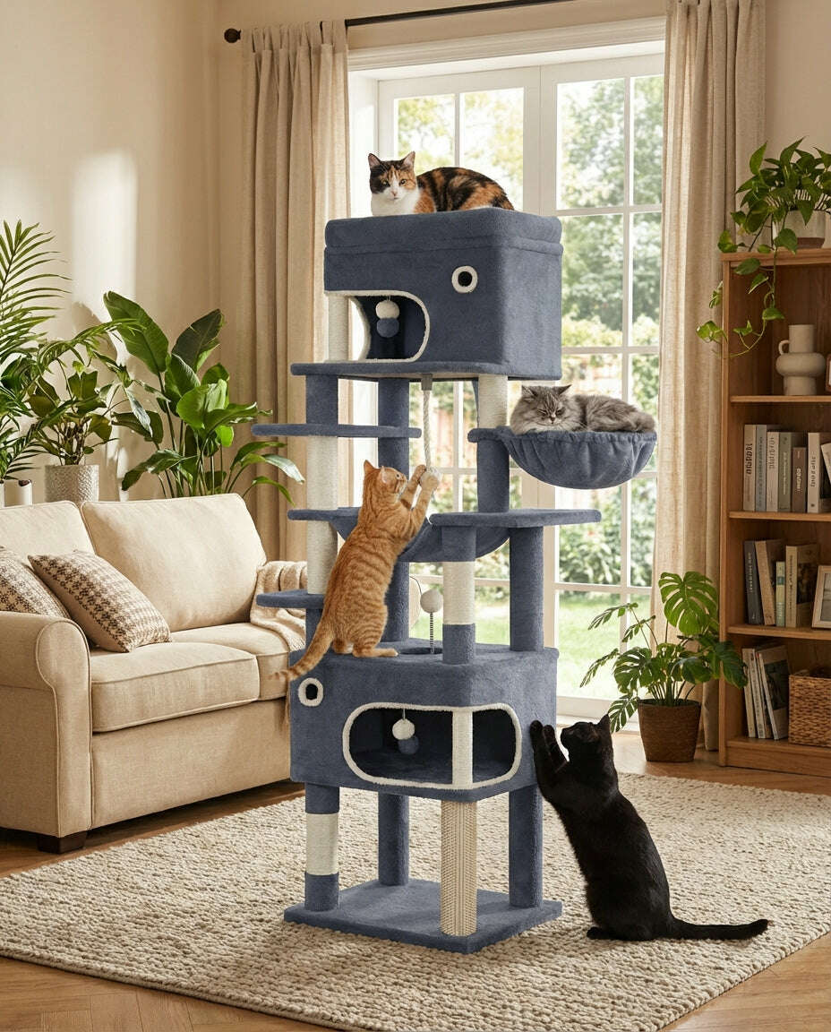 Arbre à chat gris bleu dans un salon, avec un chat tricolore, un gris, un roux qui grimpe et un noir qui griffe