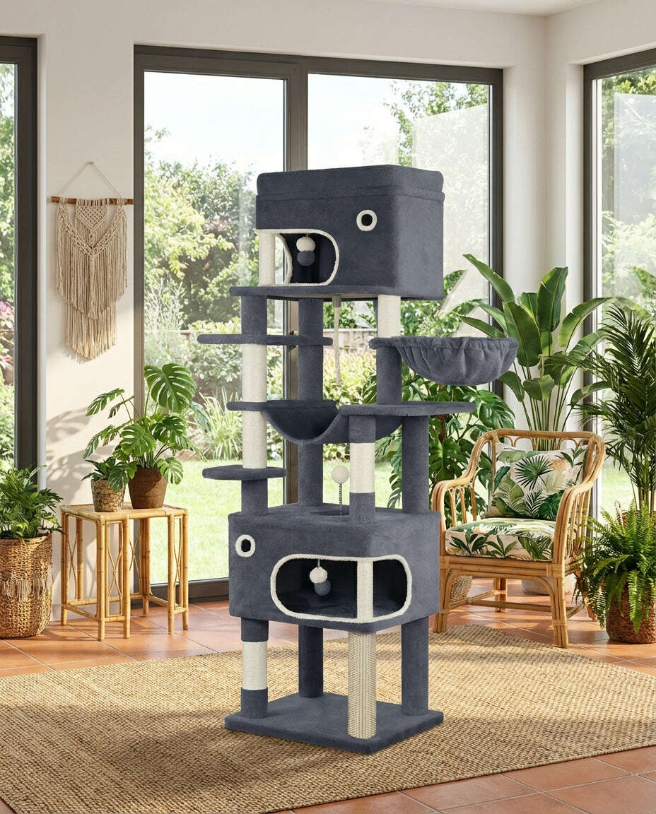 Tour à chat gris anthracite avec niches et hamac, dans une véranda lumineuse entourée de plantes vertes
