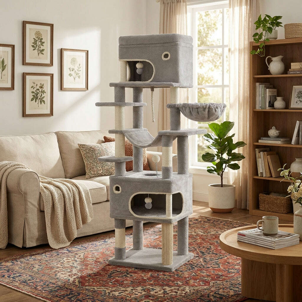Arbre à chat gris haut devant un canapé beige et une bibliothèque en bois, dans un salon avec tapis rouge