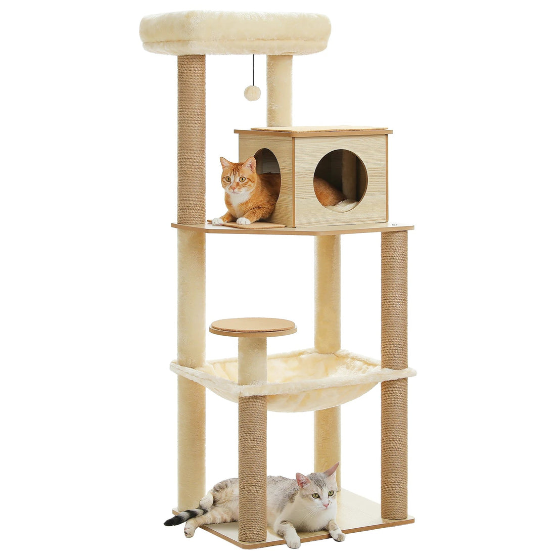 Arbre à chat beige à plusieurs niveaux avec niche en bois, hamac, poteaux en sisal et deux chats