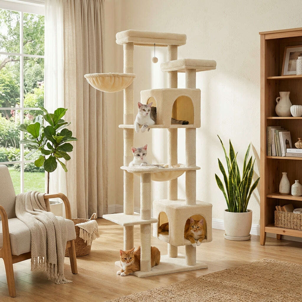 Arbre à chat crème haut de 175 cm près d'une fenêtre, dans un séjour clair avec fauteuil, bibliothèque et trois chats