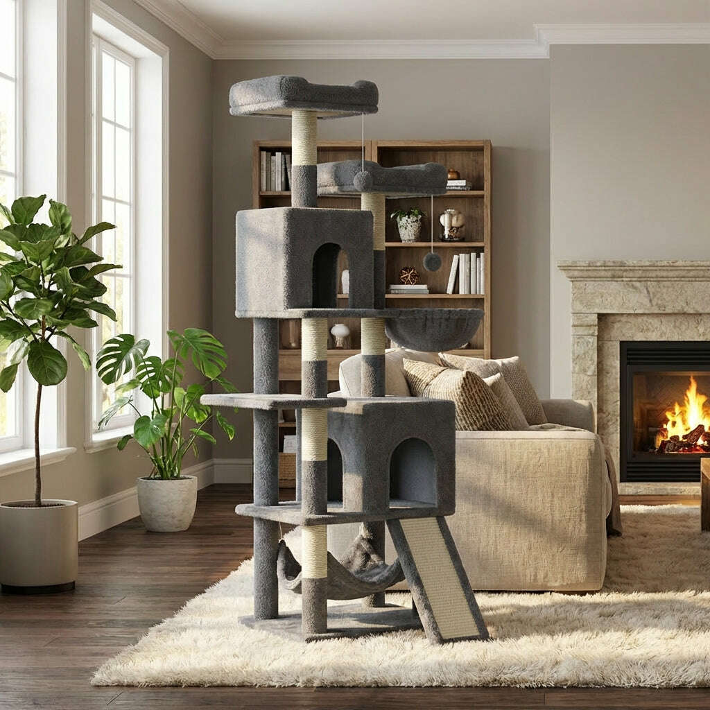 Arbre à chat gris foncé dans un séjour chaleureux avec cheminée, bibliothèque en bois et tapis épais
