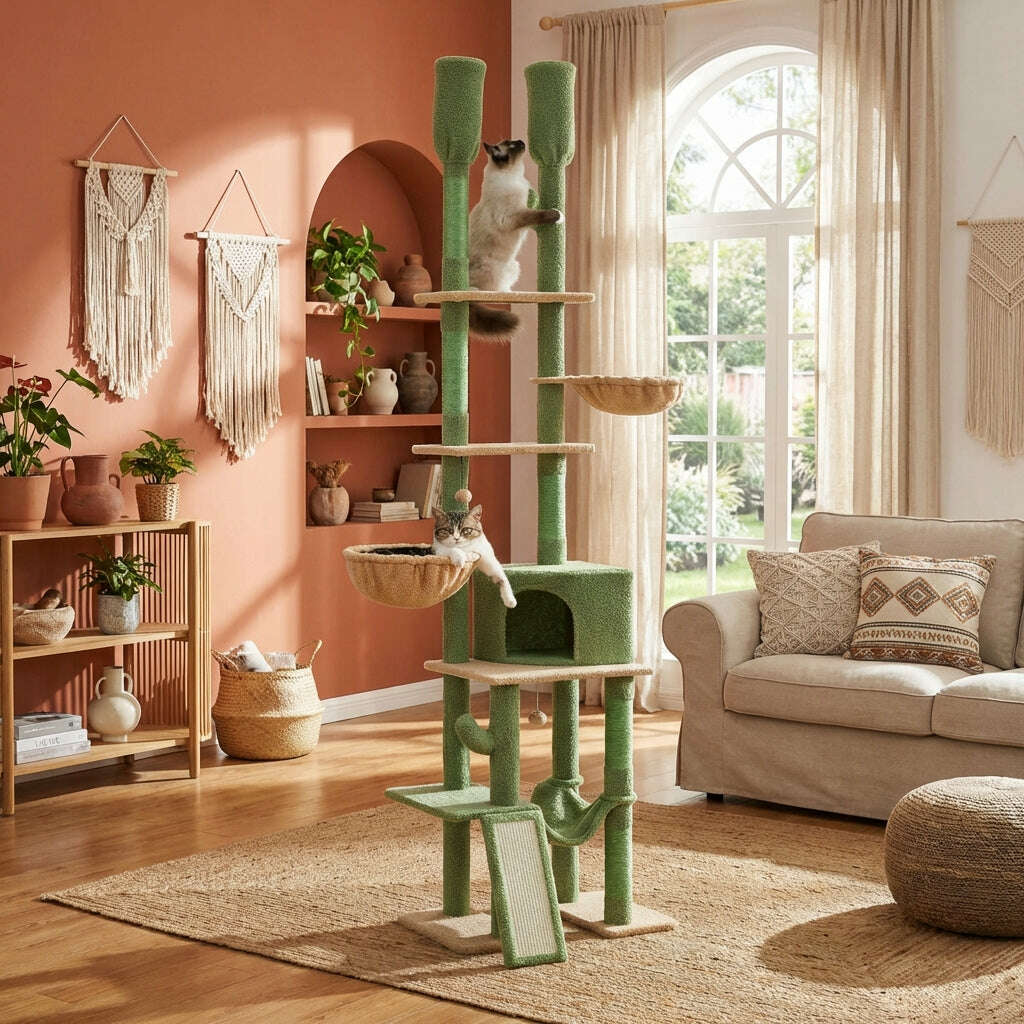 Griffoir géant en forme de cactus dans un salon terracotta, avec un chat ragdoll en haut et un tigré dans le panier