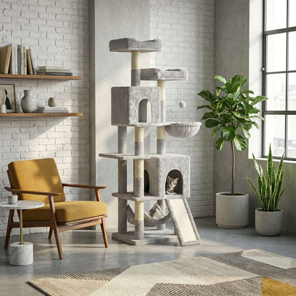 Griffoir haut gris à plateformes et niches dans un loft en briques blanches, à côté d'un fauteuil moutarde