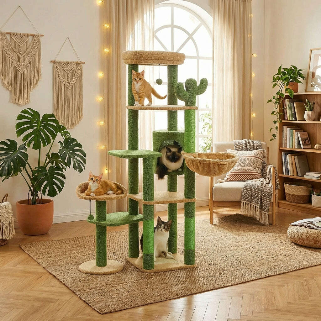 Arbre à chat cactus vert dans un salon lumineux, chats sur les plateaux, tapis en jute et bibliothèque au fond