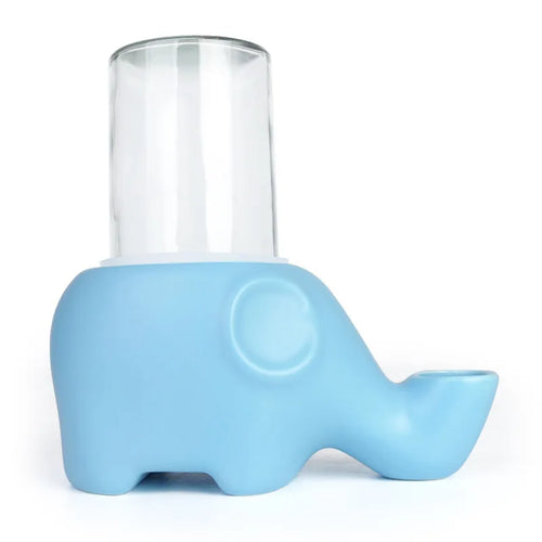 Fontaine à eau pour chat en céramique bleue en forme d'éléphant, avec réservoir en verre transparent