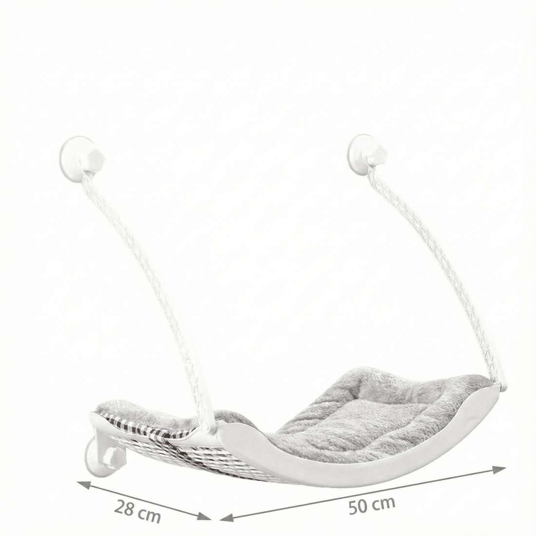 Schéma des dimensions du hamac à ventouses pour chat : 50 cm de large sur 28 cm de profondeur