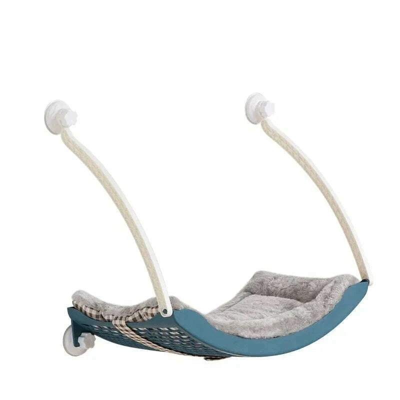 Hamac de vitre bleu canard pour chat, assise en peluche grise, armature ajourée et ventouses