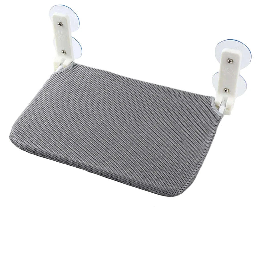Tablette de fenêtre grise en maille aérée pour chat, avec deux supports blancs à double ventouse