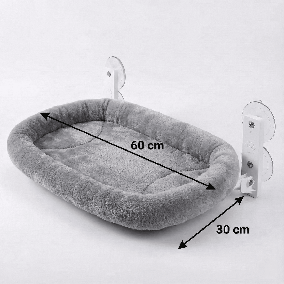 Schéma des dimensions du couchage de vitre pour chat : 60 cm de long sur 30 cm de large