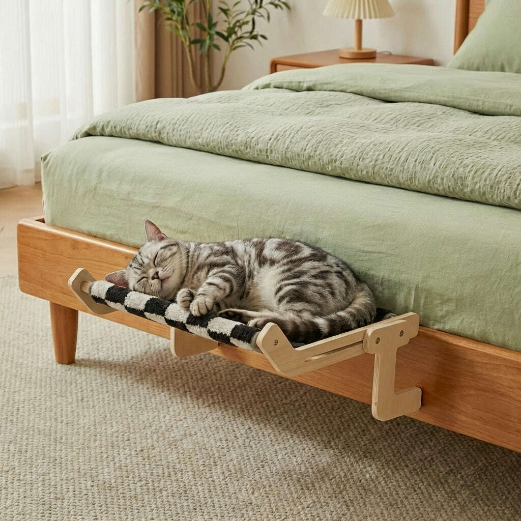 Chat tigré gris dormant sur un couchage damier accroché au cadre d'un lit en bois, draps vert sauge