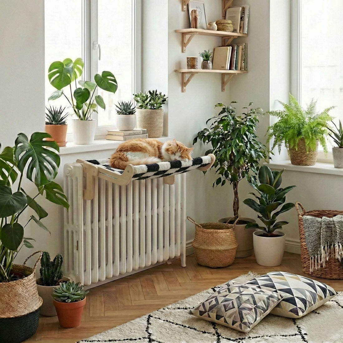 Chat roux et blanc endormi sur un hamac damier fixé à un radiateur blanc, près d'une fenêtre et de plantes