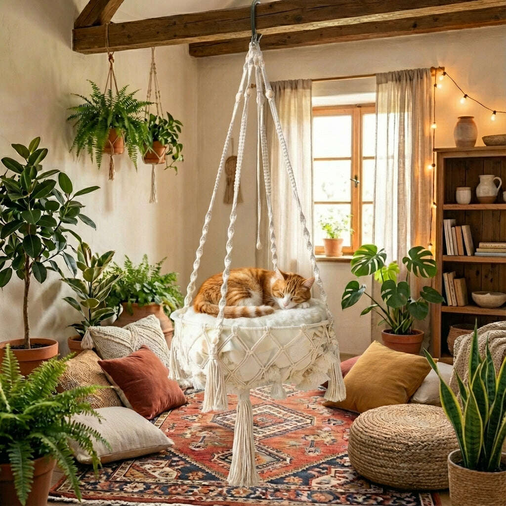 Chat roux et blanc endormi dans un panier suspendu en macramé, au milieu d'un salon bohème avec plantes vertes