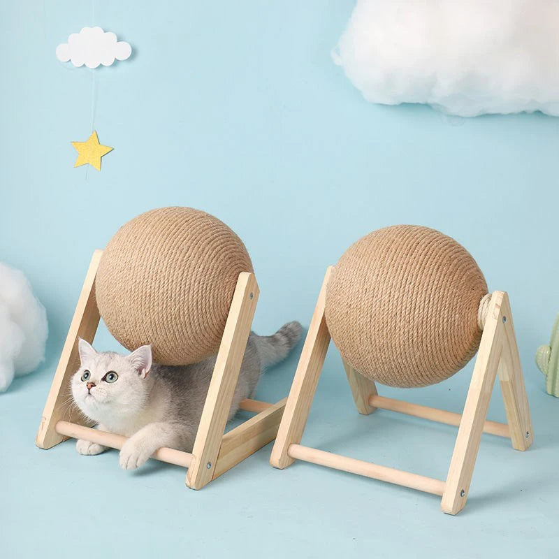 Kitten in front of two scratching balls on a base