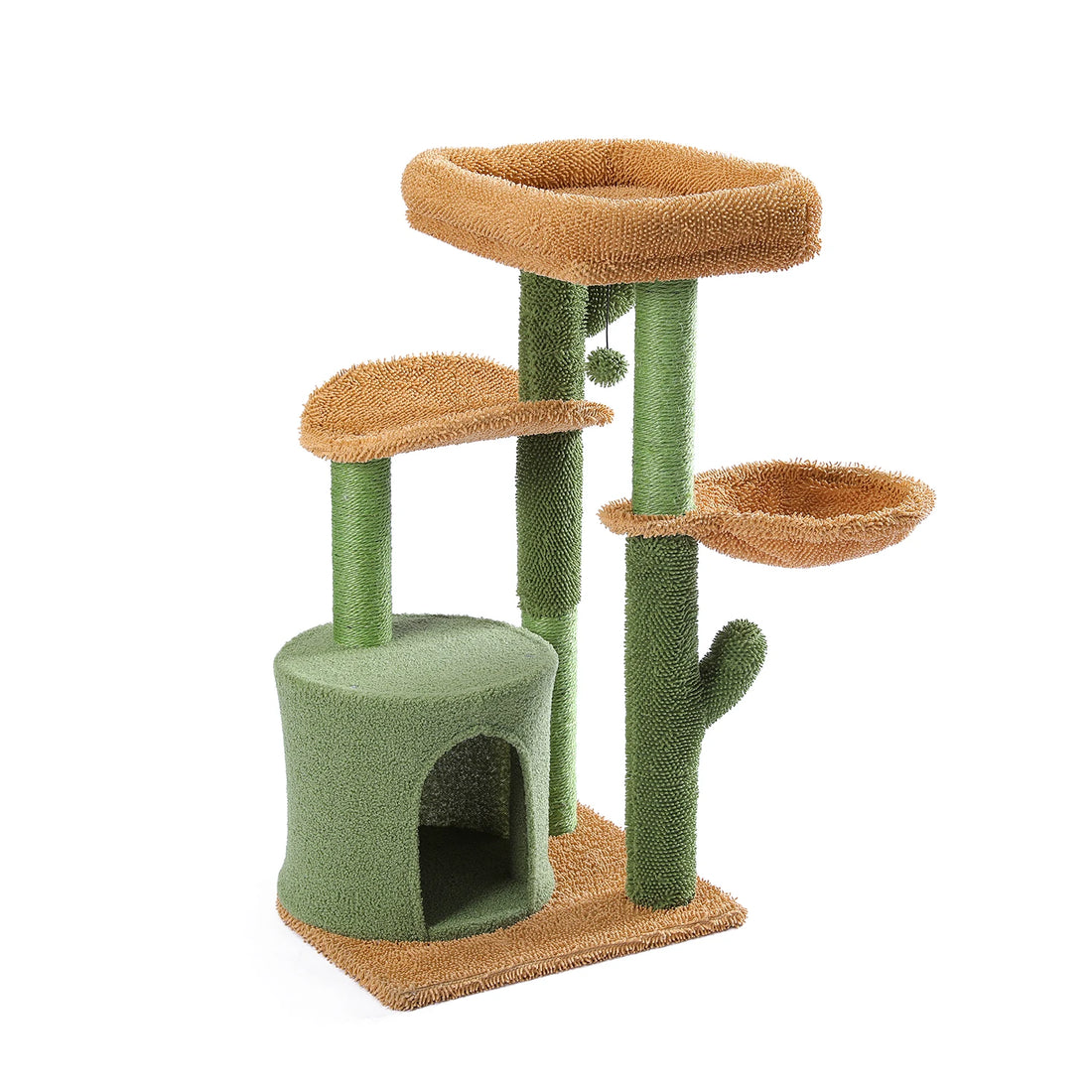 Meuble à chat cactus vu de trois quarts sur fond blanc : niche verte, demi-lune, hamac et grand plateau beige