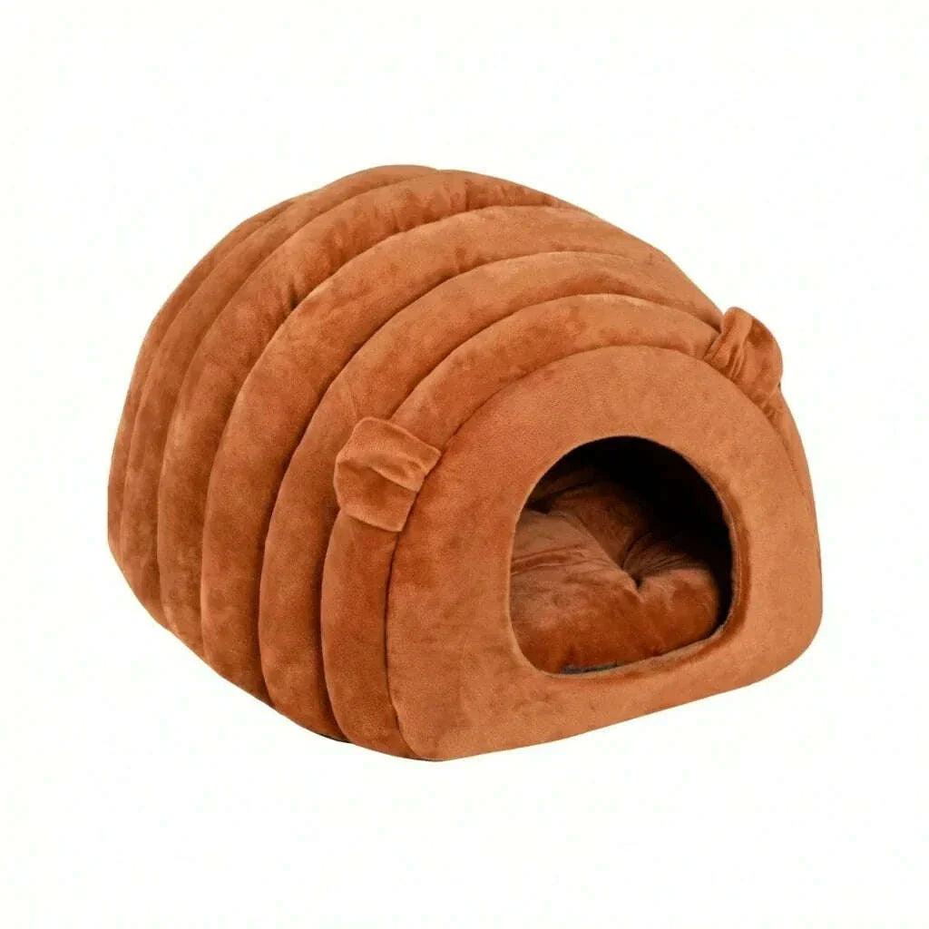 Panier tunnel marron caramel en peluche pour chat, dôme à bandes matelassées, oreilles et coussin d'assise