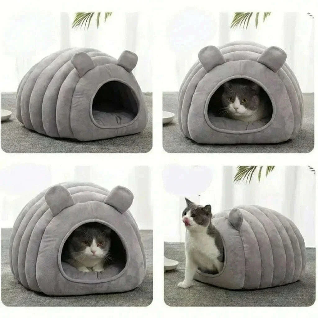 Quatre vues du couchage igloo gris : entrée vide, chat gris et blanc à l'intérieur et chat assis devant