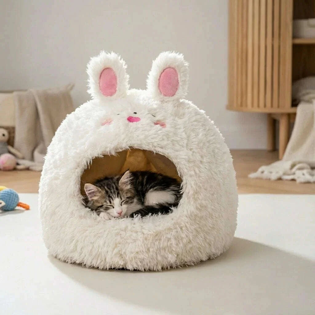 Chaton tigré et blanc endormi dans un cocon lapin en peluche blanche, posé sur un tapis clair