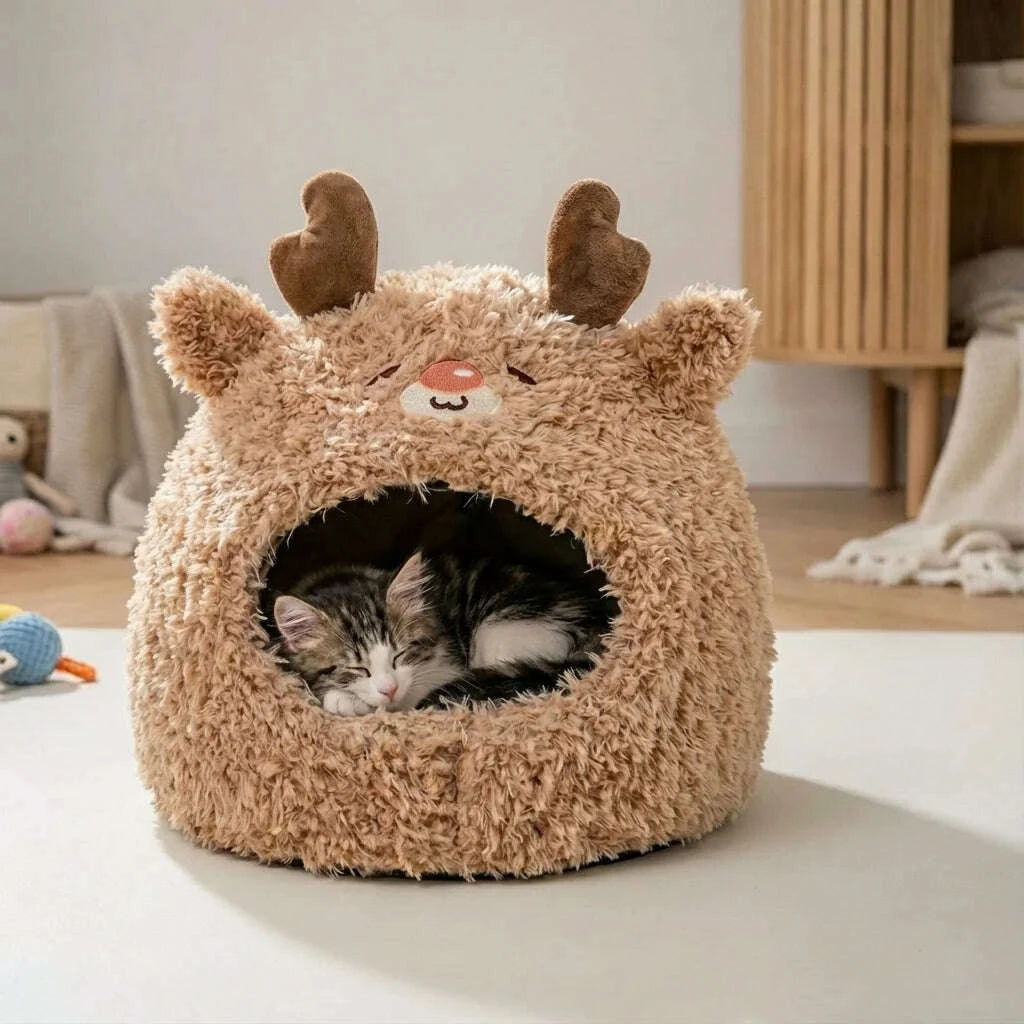 Chaton tigré endormi dans une maison renne en peluche posée sur un sol clair, près d'un meuble en bois