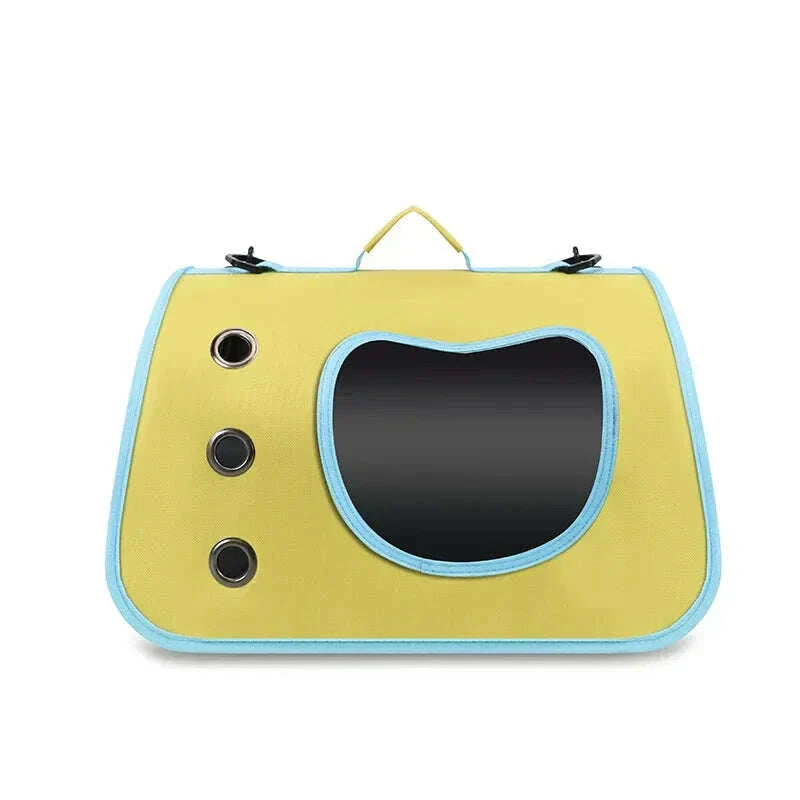 Panier de transport jaune moutarde pour chat, bordé de bleu ciel, avec fenêtre en forme de museau et trois aérations
