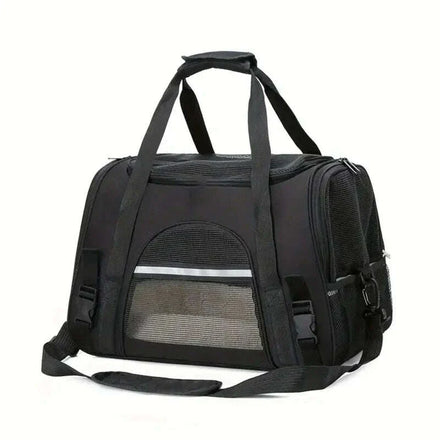 Sac de transport souple noir pour chat, vu de trois quarts, avec fenêtre en filet et bandoulière