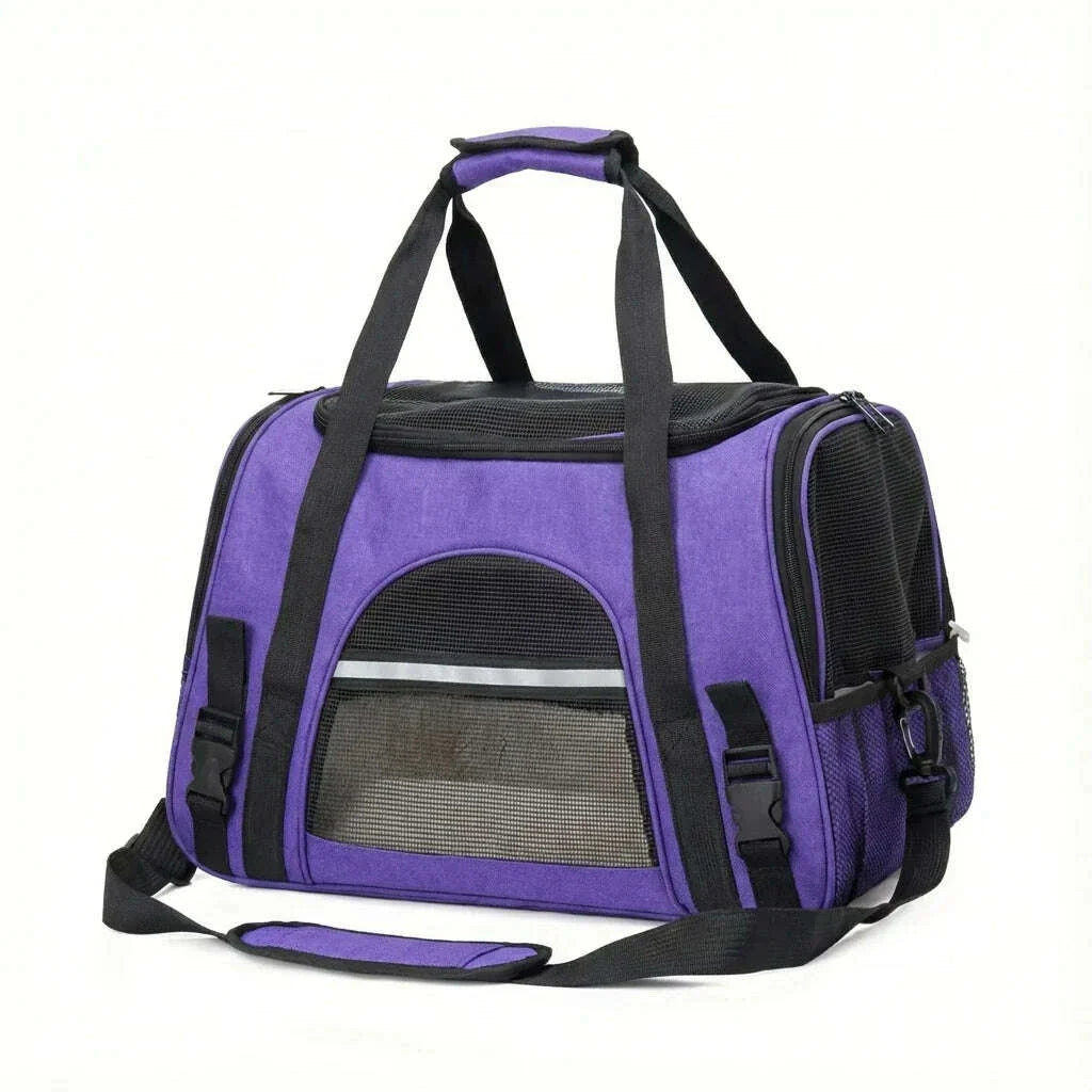 Cabas de transport violet pour chat, poignées noires, panneaux en filet aérés et bandoulière rembourrée