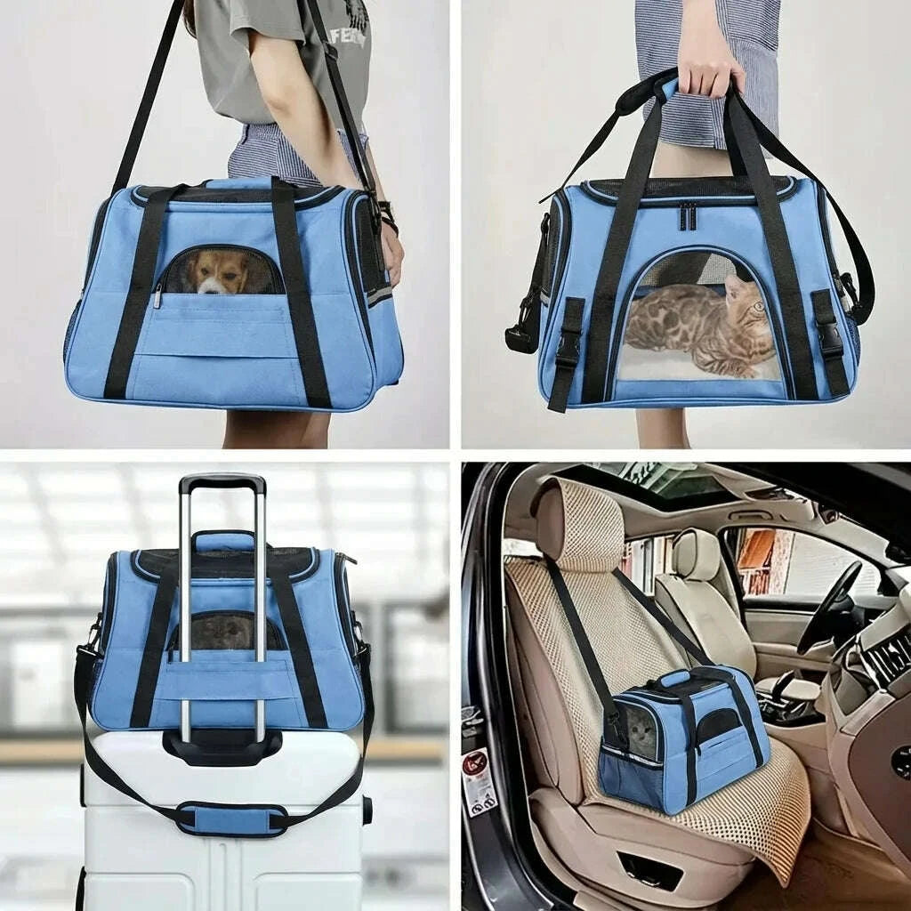 Quatre usages du sac bleu : porté à l'épaule, à la main, fixé sur une valise et sanglé sur un siège de voiture