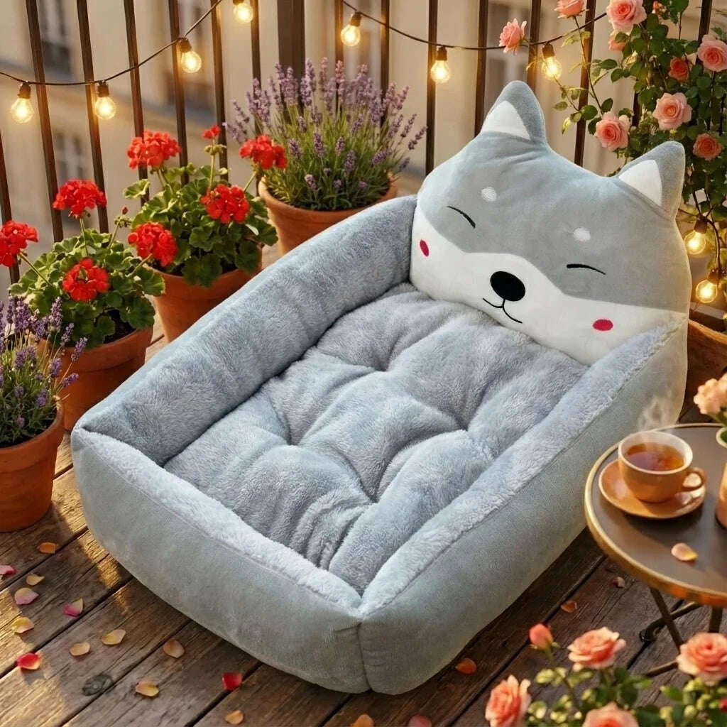 Gros plan sur un panier gris doux à oreilles pointues et coussin capitonné, sur un balcon décoré de géraniums