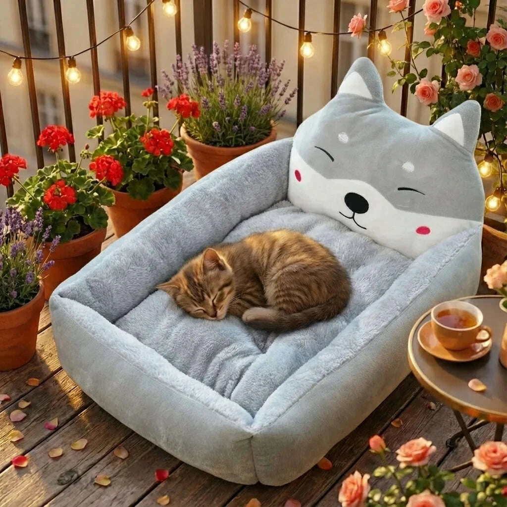 Chaton tigré roulé en boule dans un panier gris duveteux sur un balcon fleuri, guirlande et tasse de thé