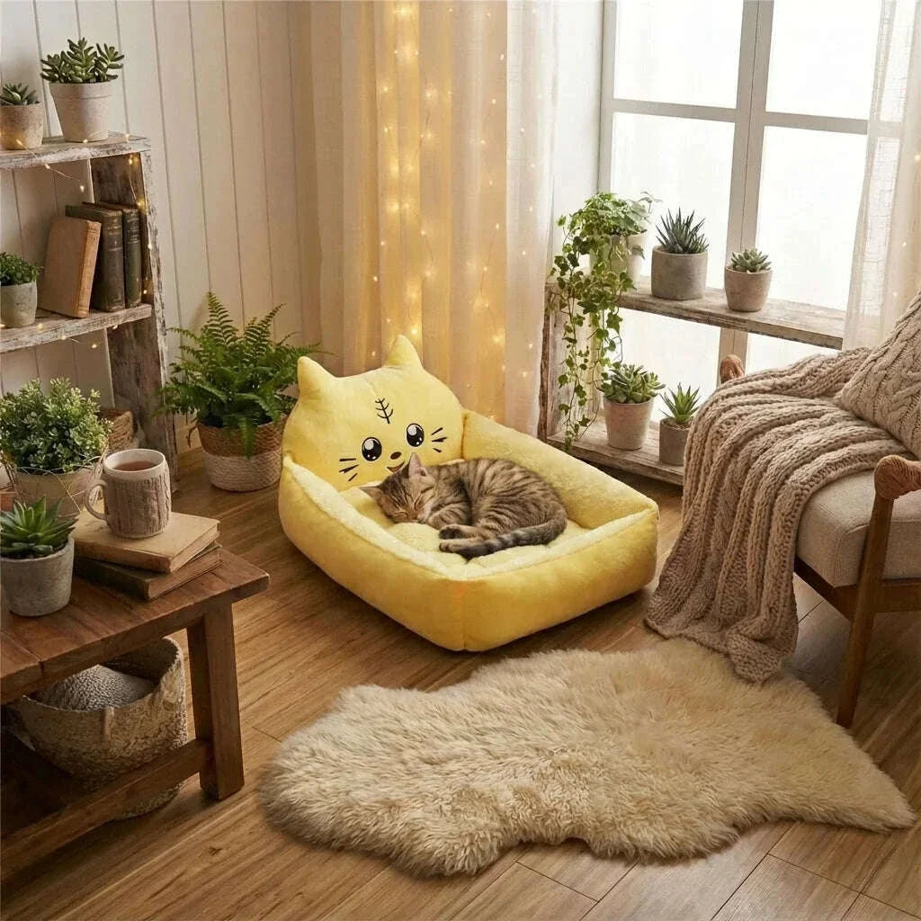 Chat tigré dormant dans un nid douillet jaune à tête de chat souriant, sur un parquet clair à côté d'une chaise