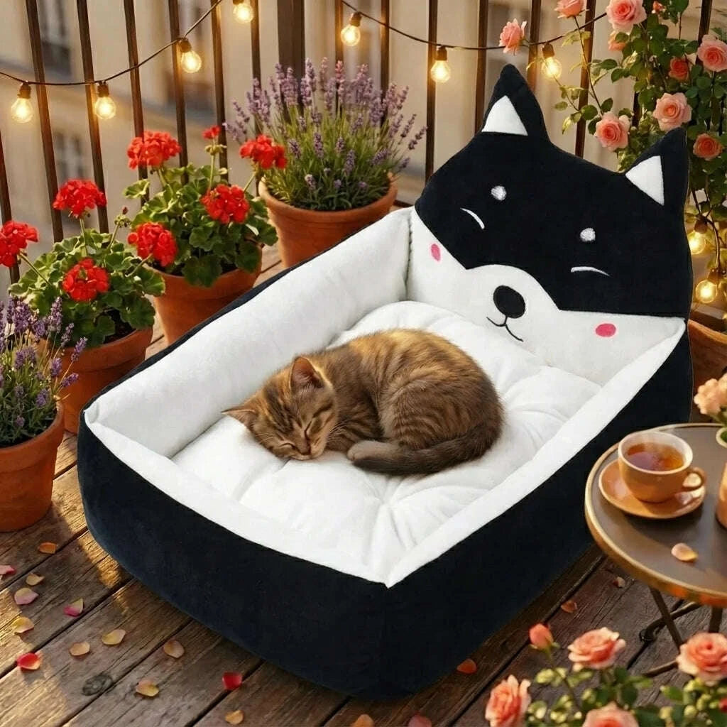 Chaton tigré roulé en boule dans un panier moelleux noir et blanc