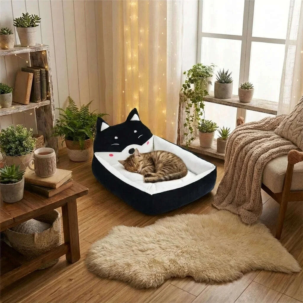 Chat tigré endormi en boule dans son coussin blanc, au centre d'un salon cosy avec tapis en fourrure et plantes en pot