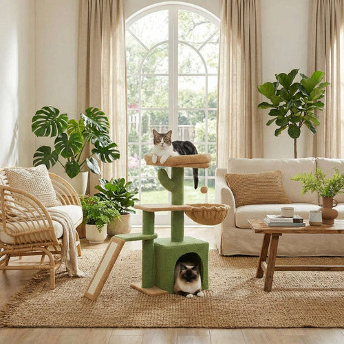 Petit arbre à chat cactus dans un salon lumineux, chat tigré en haut et siamois dans la niche, près d'un canapé