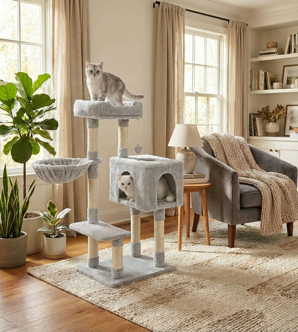 Arbre à chat compact gris clair dans un salon lumineux, avec un chat tigré sur la plateforme du haut