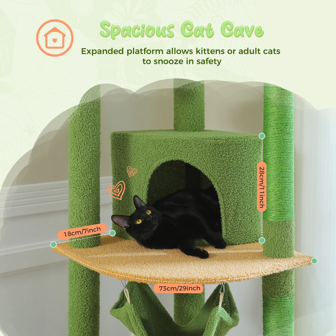 Niche verte avec chat noir allongé sur la plateforme d'angle beige, cotes indiquées : 73 cm de large, 28 cm de haut