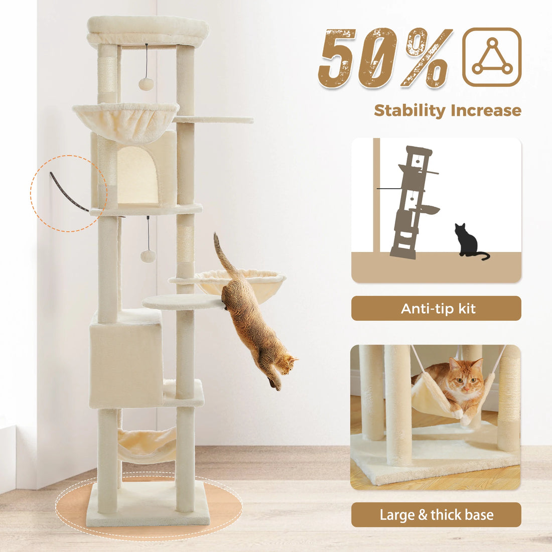 Arbre à chat beige avec chat roux en plein saut entre les niveaux, kit anti-basculement et large base épaisse