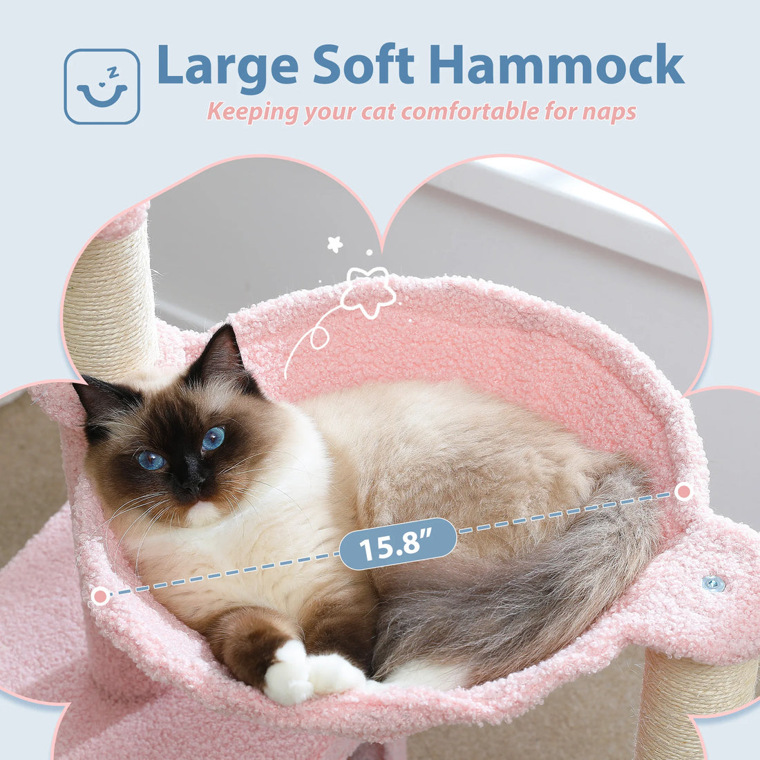 Ragdoll aux yeux bleus lové dans le grand hamac en peluche rose de l'arbre à chat, diamètre de 15,8 po