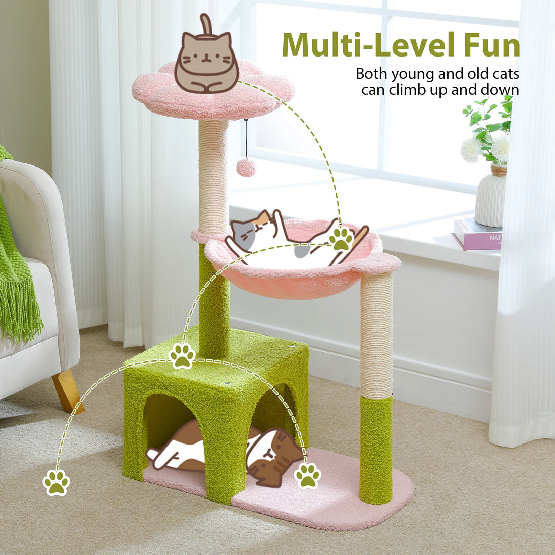 Arbre à chat vert et rose stable, base de 24,4 × 13,4 po, structure en acier sous le hamac où repose un ragdoll
