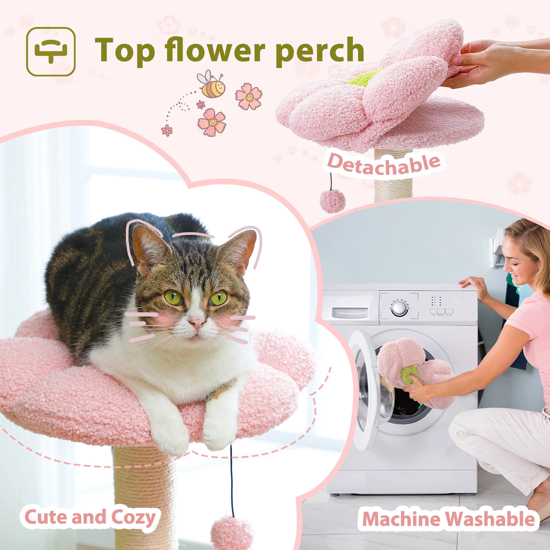 Arbre à chat vert et rose dans un salon, avec des chats qui grimpent du hamac jusqu'au plateau fleur en haut
