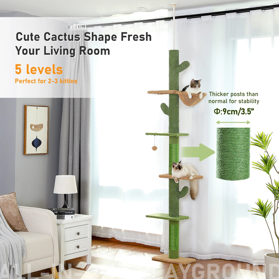 Arbre à chat cactus 5 niveaux pour 2 à 3 chats, poteau en sisal vert de 9 cm de diamètre