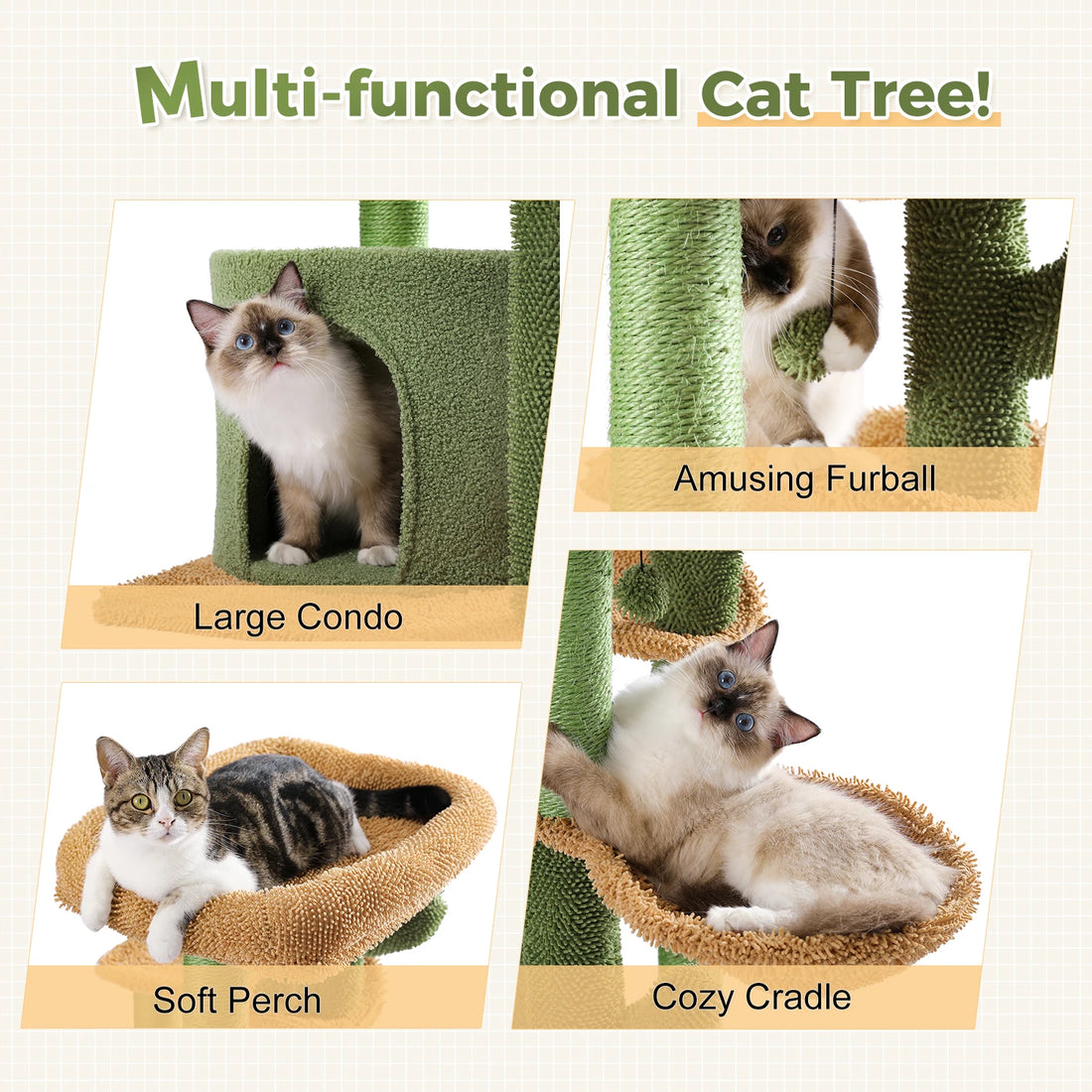 Quatre usages du meuble à chat cactus : grande niche, balle suspendue, panier douillet et hamac, avec chats