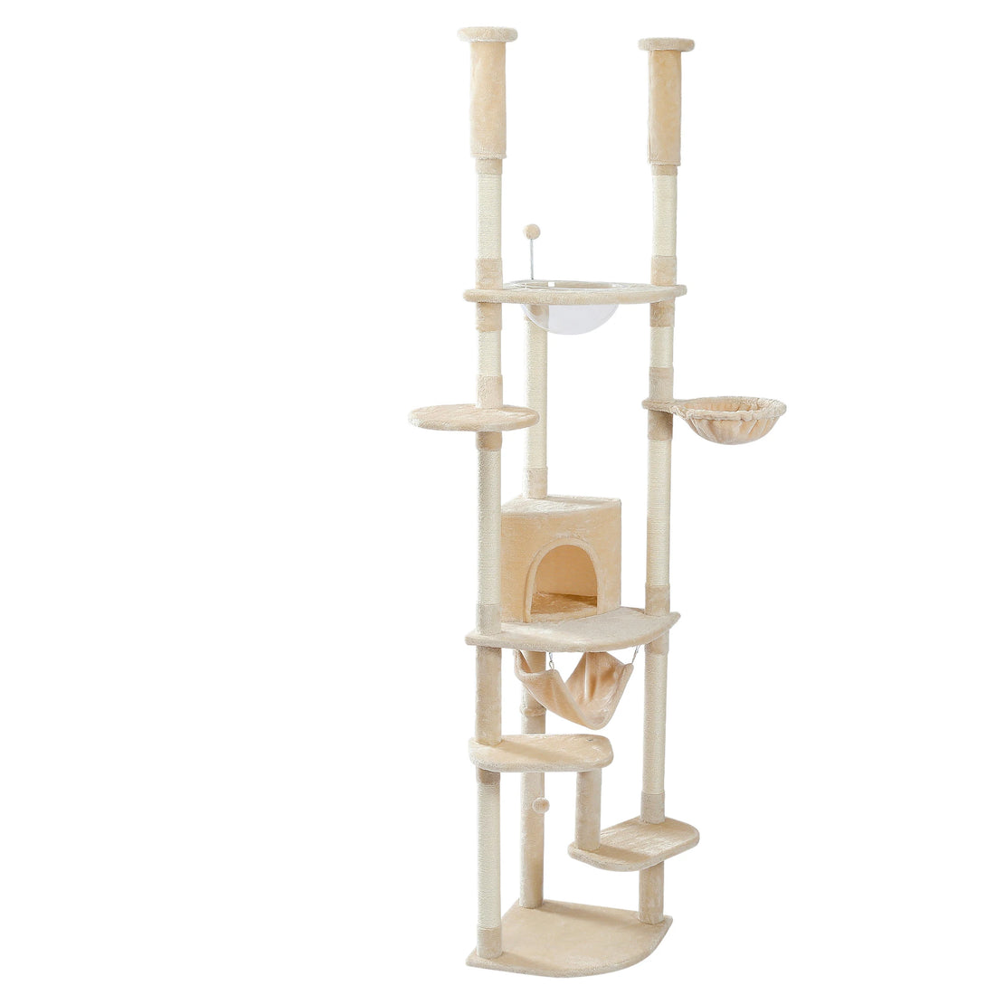 Arbre à chat beige sur fond blanc, avec niche d'angle, hamac suspendu, panier