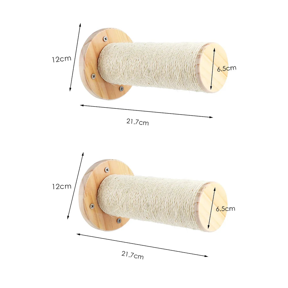 Deux perchoirs muraux cylindriques en sisal sur platine ronde en bois : 21,7 cm de long, 6,5 cm de diamètre