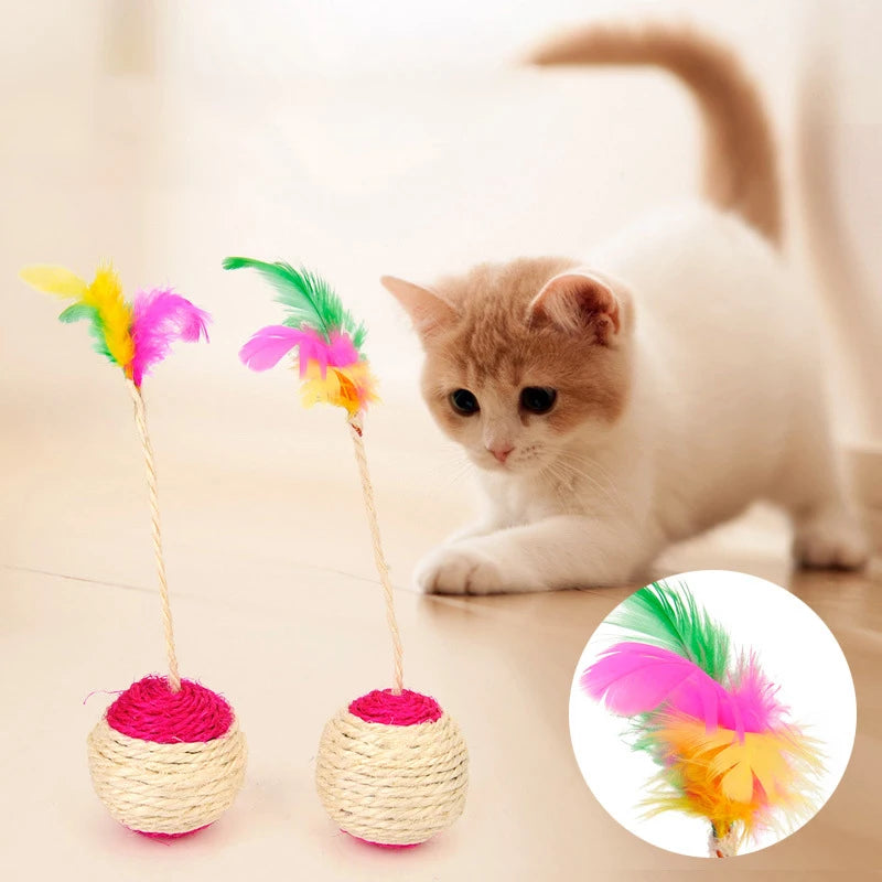Chaton blanc et roux observant deux balles en sisal à plumes sur un parquet, zoom sur les plumes