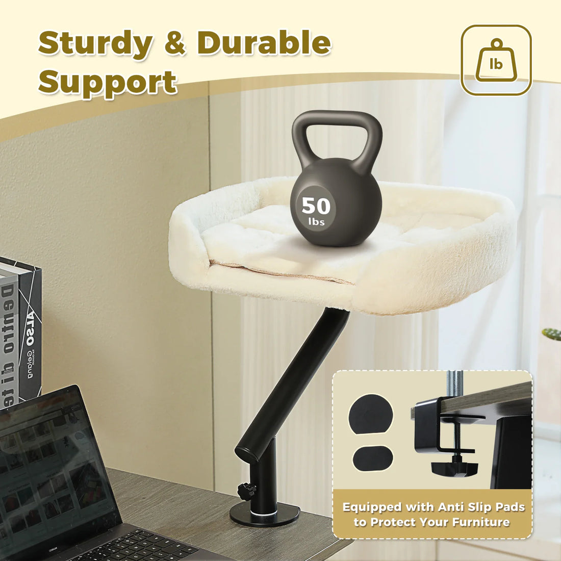 Couchette de bureau pour chat crème supportant une kettlebell de 50 lb, avec patins antidérapants pour la pince