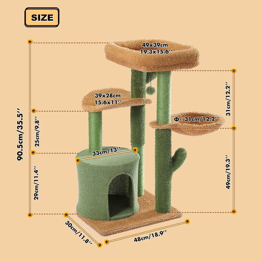 Schéma des dimensions de l'arbre à chat cactus : hauteur 90,5 cm, base 48 × 30 cm, plateau du haut 49 × 39 cm