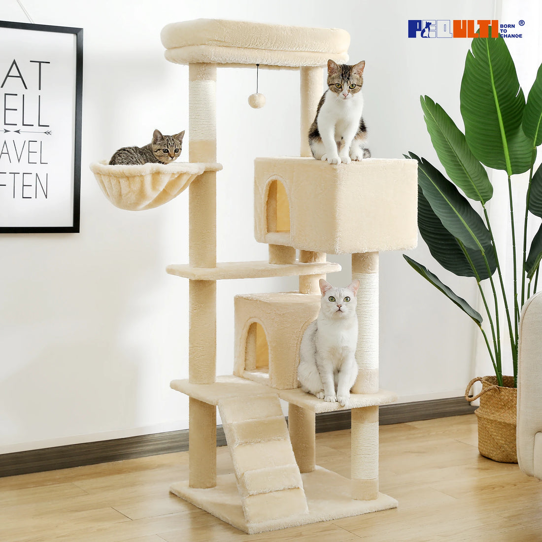 Arbre à chat beige en salon avec chat tigré dans le hamac, chat tigré blanc au sommet et chat blanc sur l'étage
