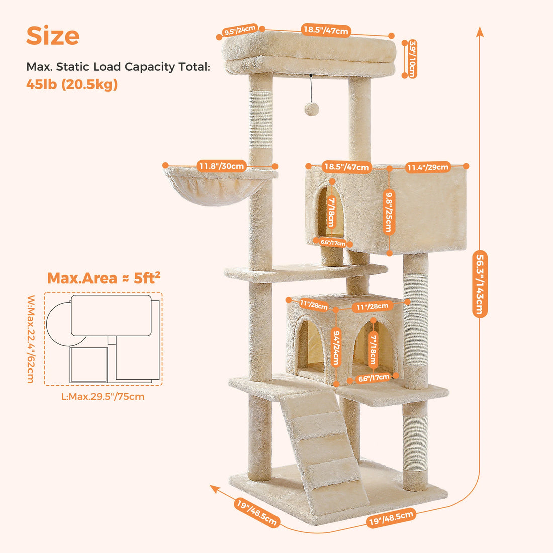 Dimensions de la tour à chat beige de 143 cm de haut : plateau 47 × 24 cm, deux niches, hamac de 30 cm