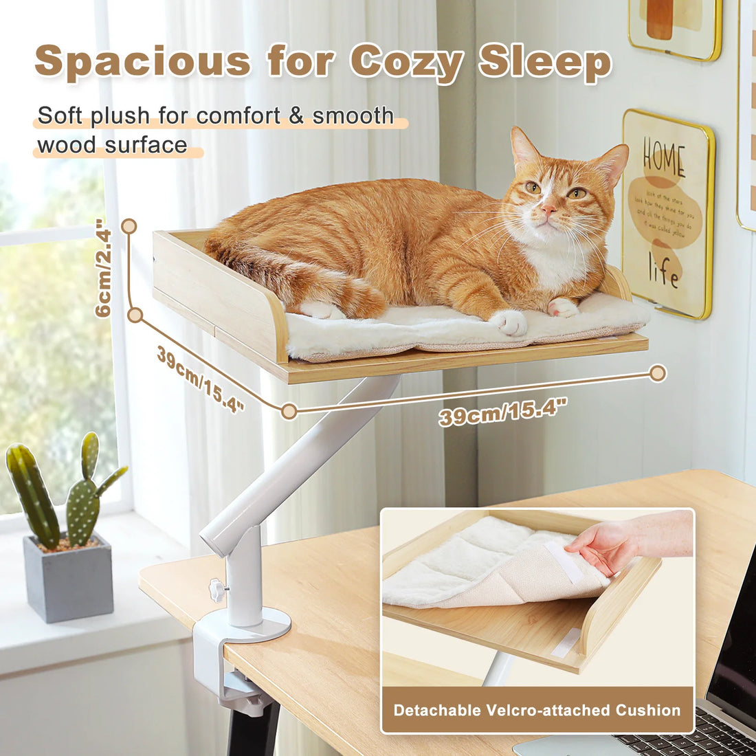 Plateau de bureau en bois clair 39 × 39 cm, rebord de 6 cm, chat roux couché sur un coussin blanc amovible